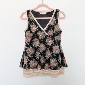 Y2K Pianissimo Floral Mesh Lace Babydoll Top Black Size M Cottage Fairy‎ Grunge